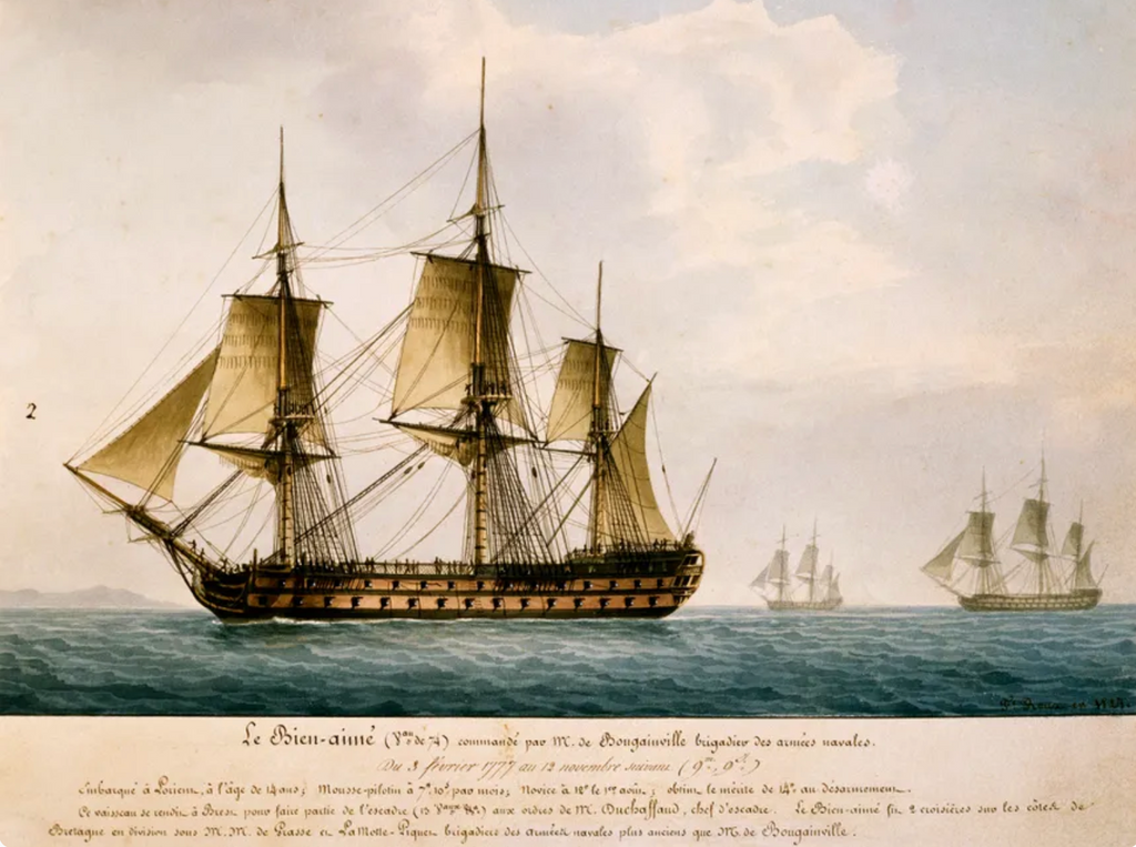 Gravure d'un bateau de l'expédition de Bougainville
