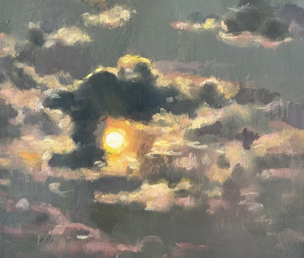 Tableau à l'huile représentant le soleil dans un ciel chargé de nuages gris et roses